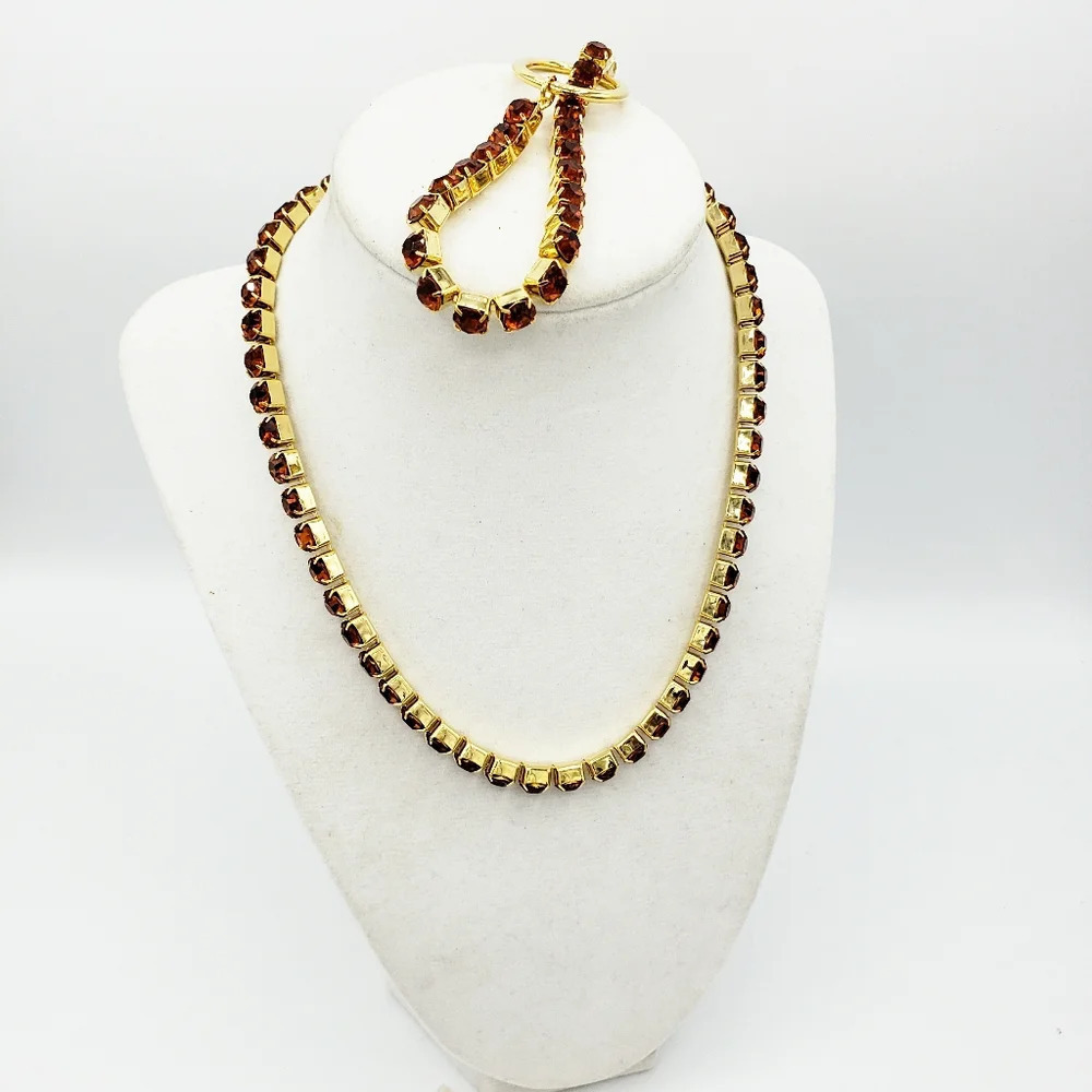 Vintage Necklace & Bracelet Set / Dark Orange Crystals